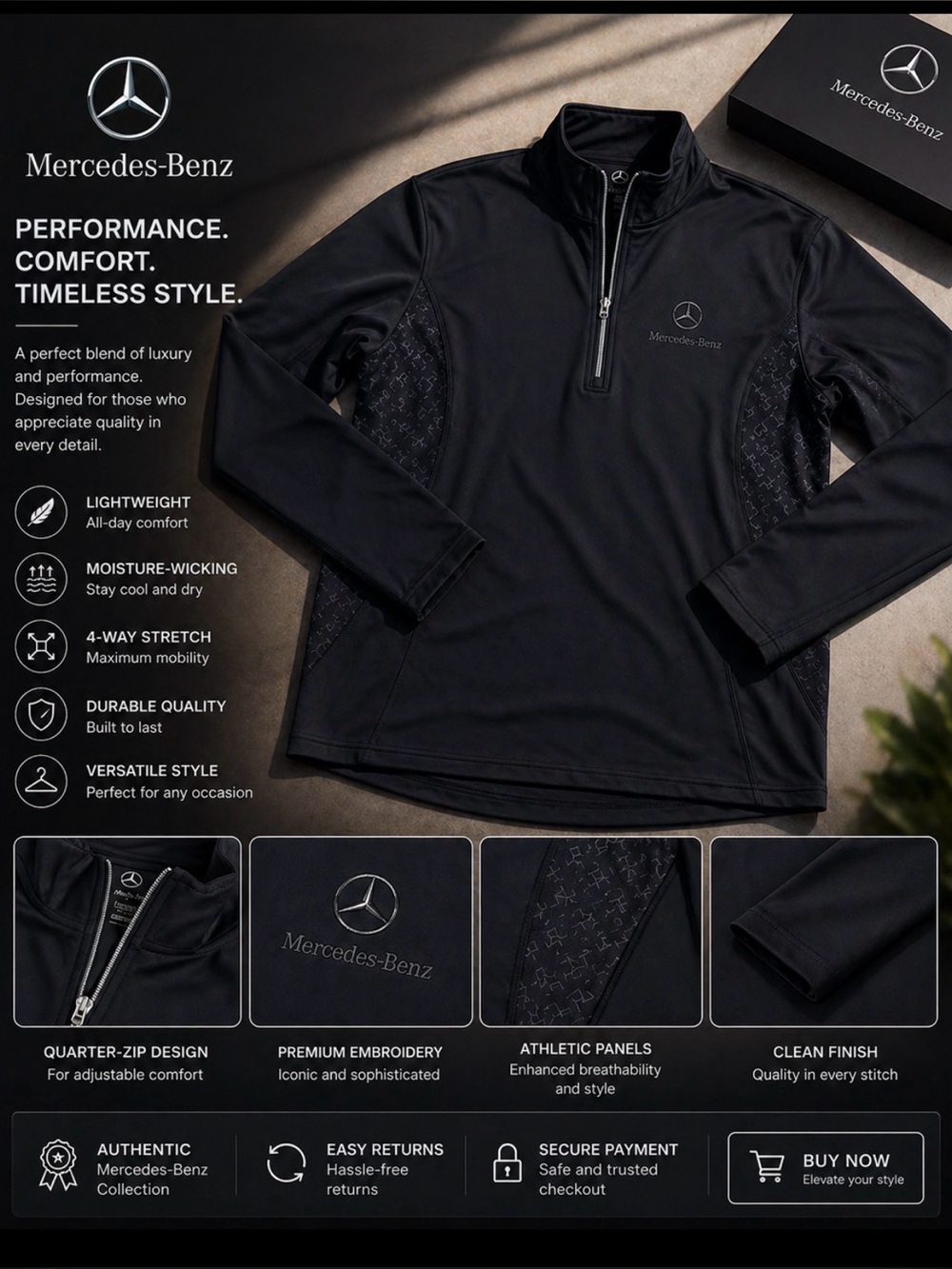 New authentic 100% mercedes-Benz Men's Black Quarter-Zip Performance Size large